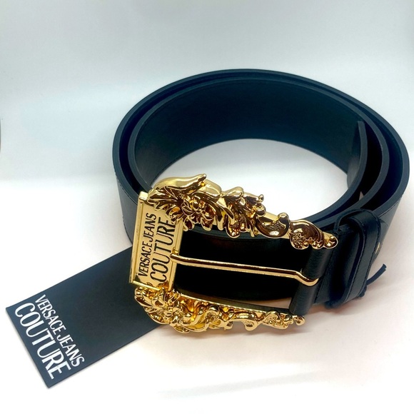 Versace Jeans Collection Accessories - Versace Jeans Couture Gold Tone Metal & Black Leather Wide Belt | Sz 85 / 33.46”